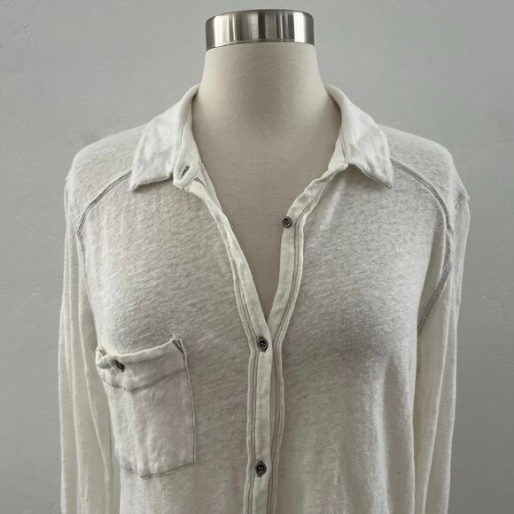 Free People We the Free Caroline Contrast Stitch Slub Shirt Linen Large White - Picture 7 of 11